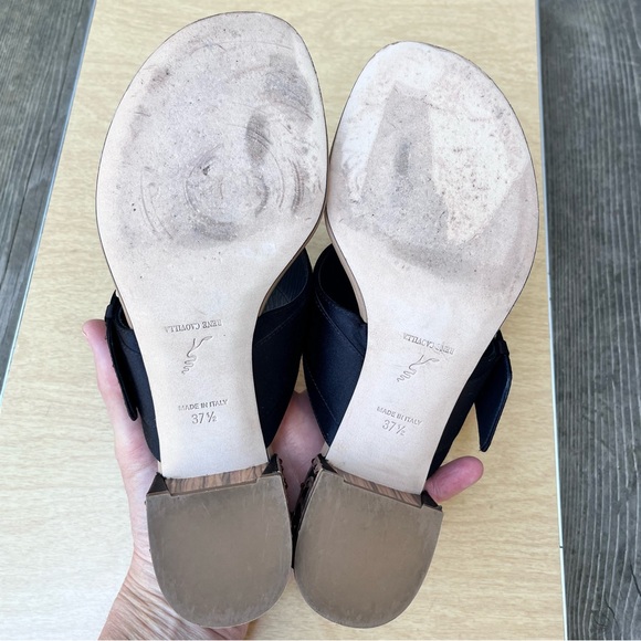 Rene Caovilla Satin Crystal & Wood Embellished Thong Sandal Heels Sz 37.5 Italy - Picture 9 of 16